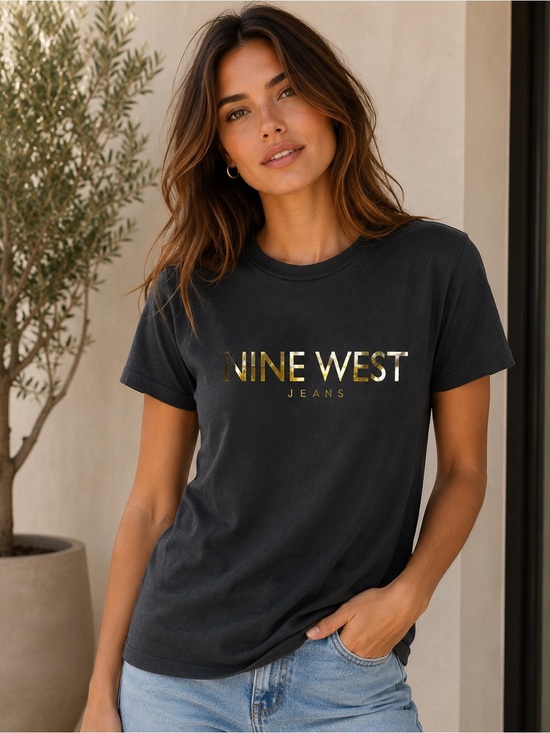 Nine West Tops - Nine West Black Tee with Gold Logo Print